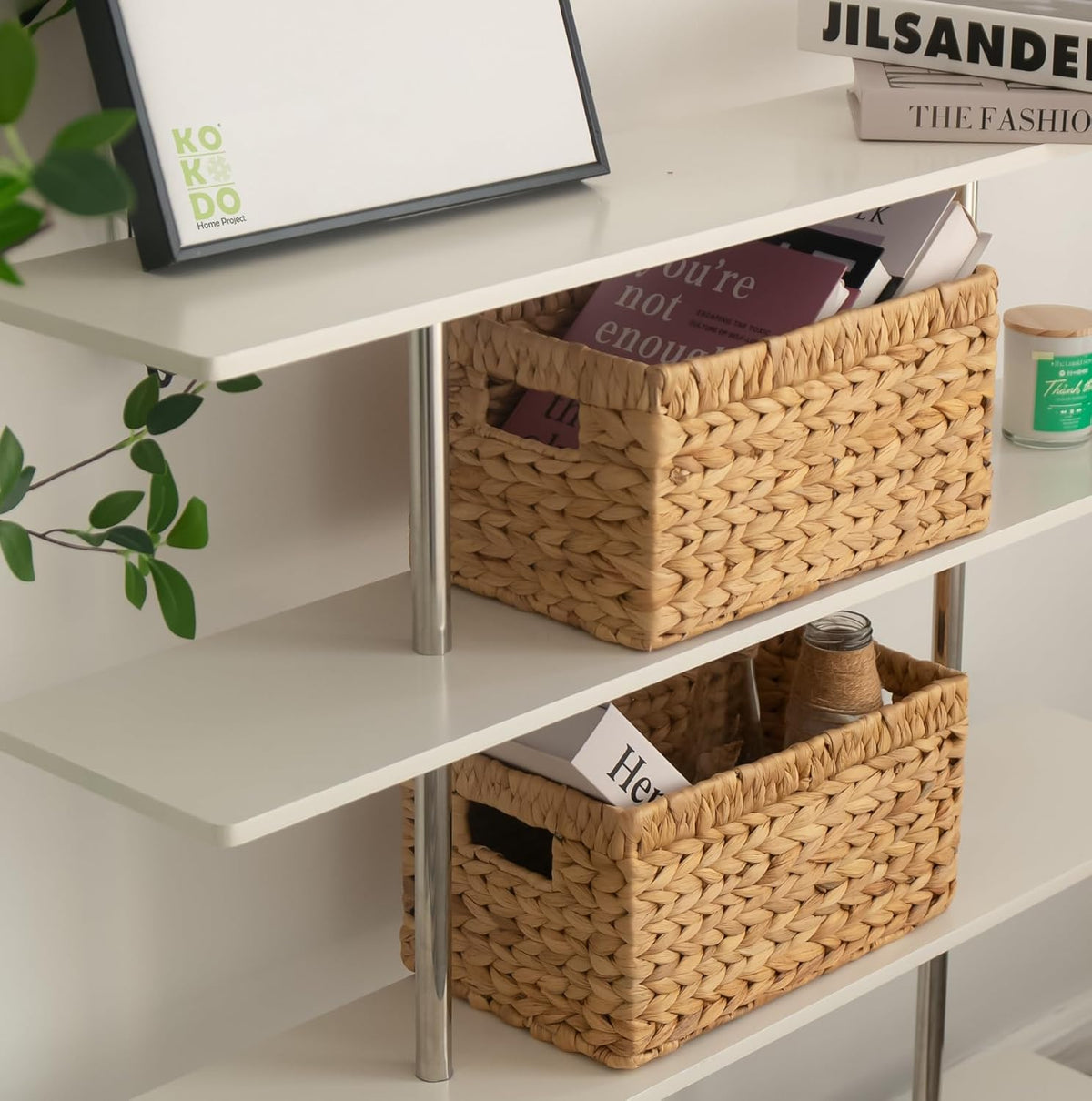 KOKODO Pack of 2 Medium Rectangular Water Hyacinth Wicker Storage Baskets with Handles and Metal Frame, Stylish and Durable Handwoven Bin for Space-saving Room Organizing or Decorative Wicker Basket