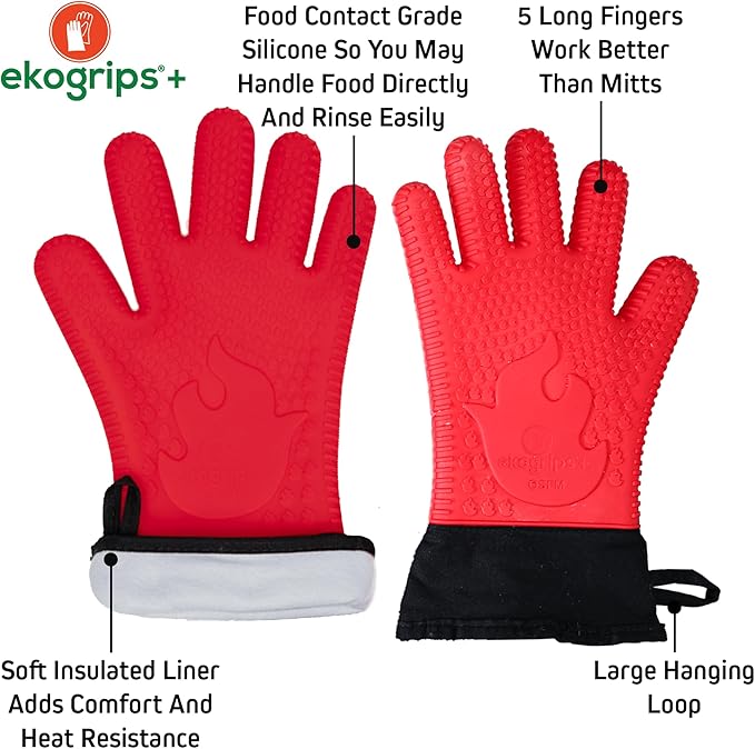 Ekogrips+ Premium Silicone Oven Mitts - Comfy, Waterproof, Heat Resistant BBQ Gloves for Grilling, Long Cuff for Added Protection, 5 Finger Dexterity, 3 Sizes, 4 Colors, S/M, Red