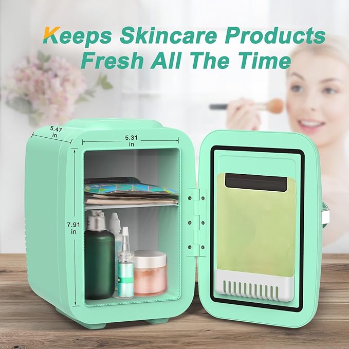 CROWNFUL Mini Fridge, 4 Liter/6 Can Portable Cooler and Warmer Personal Refrigerator for Skin Care, Cosmetics, Beverage, Food,Great for Bedroom, Office, Car, Dorm, ETL Listed (Green)