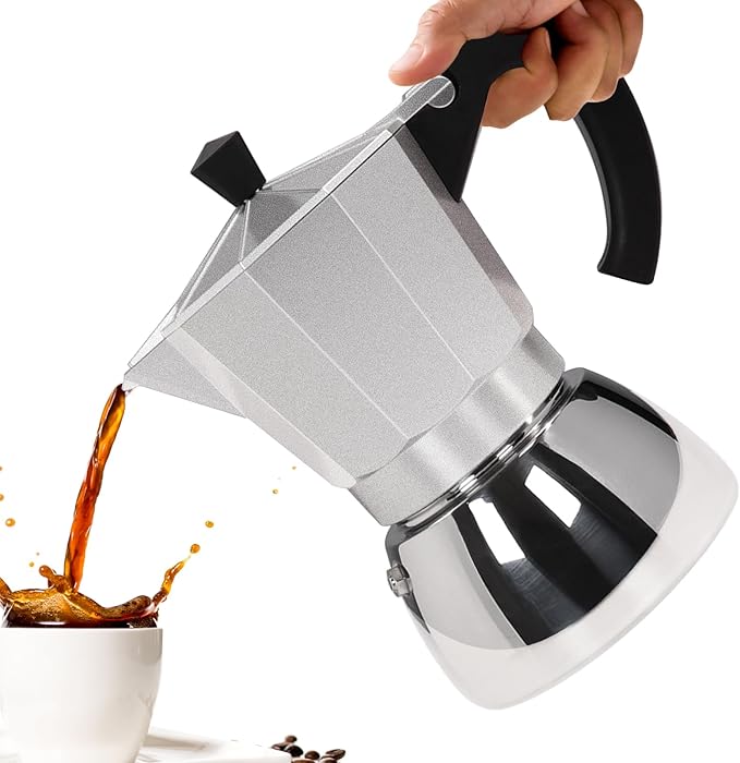 No Coating 6 Cup Aluminum and Stainless Steel Moka Pot Stovetop Espresso Maker Italian Coffee Machine 350ml 11.84oz Suitable for Gas Induction Stovetop Greca Coffee Maker Percolator Silver