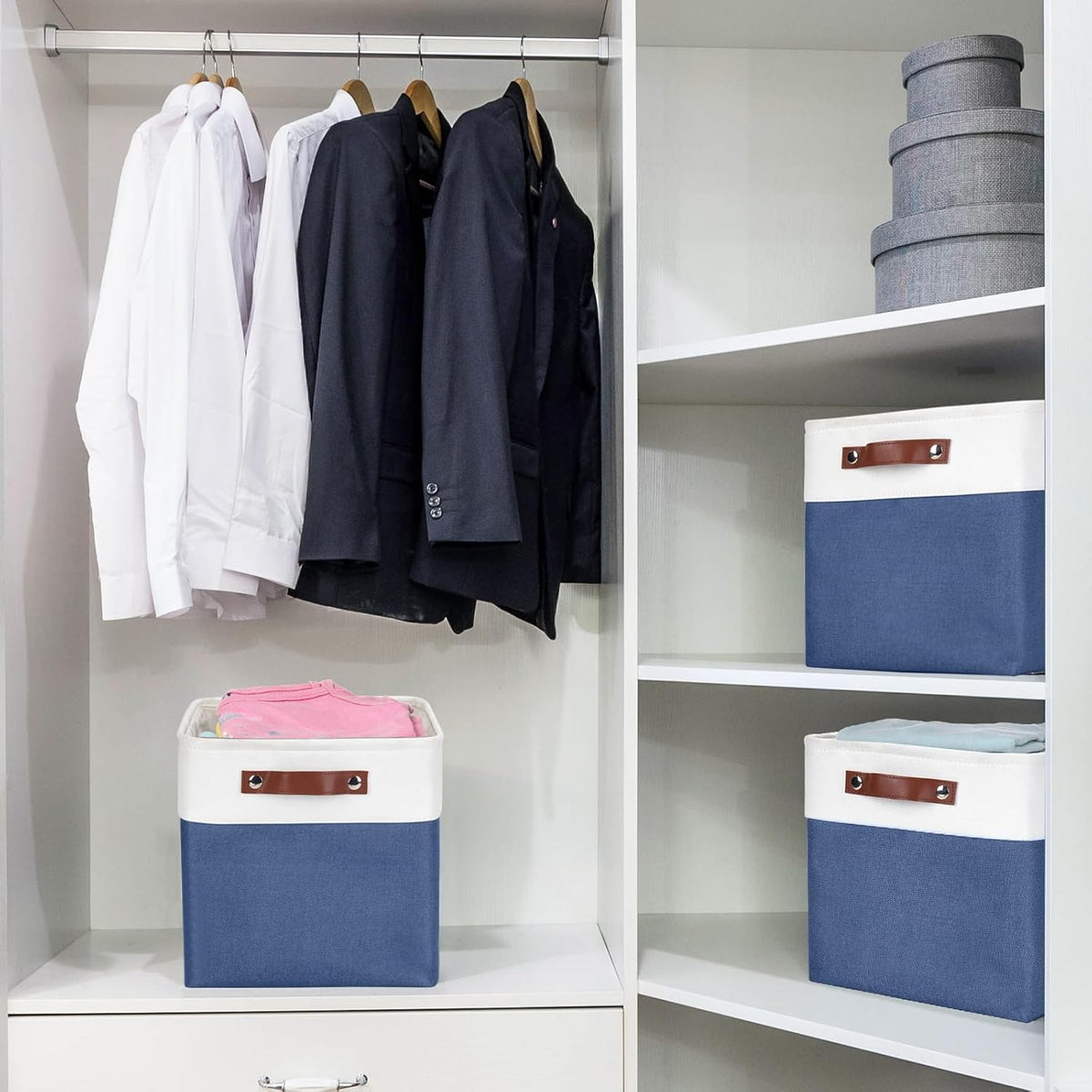 Collapsible Fabric Storage Cubes 11x11 Cube Storage Bins, 4 Pack Closet Baskets Box with Handles for Organizing, Shelf, Toys, Clothes, Home, Office, Nursery (Navyblue&White)