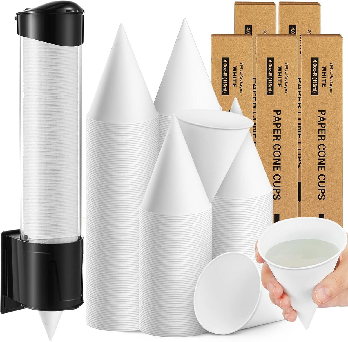 Roshtia 1000 Pcs 4 oz Paper Cone Cups Thicken Disposable with 1 Cups Dispenser Pull Type Wall Mount Cup Holder Paper for Restaurants, Home, and Office, and Shaved Ice, Cold (Black)