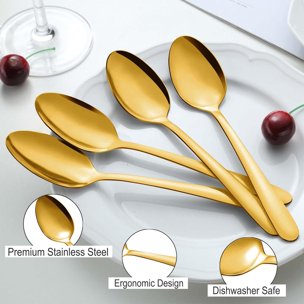 Pleafind 36Pcs Gold Dinner Spoons Set - 7.4 inch, Spoons Silverware, Stainless Steel Spoon, Mirror Polished Tablespoon, Gold Silverware Set for Home, Kitchen, Restaurant, Dishwasher Safe