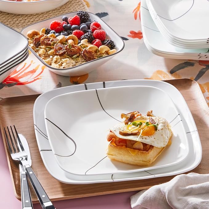 Corelle 18-Piece Service for 6 Dinnerware Set Triple Layer Glass and Chip Resistant, Lightweight Square Plates and Bowls Set, Simple Lines