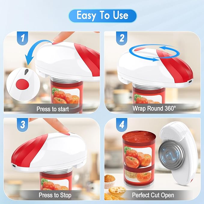 HuiJuKeJi Electric Can Opener, One-Touch Automatic Can Opener for Seniors with Arthritis, Rechargeable Hands-Free Can Opener for Almost Can Sizes, Smooth Edge & Food-Safe Kitchen Gadgets-Red