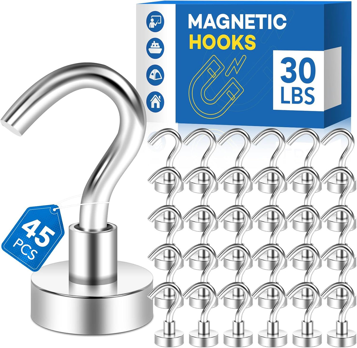 LOVIMAG Neodymium Strong Magnetic Hooks,30Lbs Rare Earth Magnets Heavy Duty with Hook for Refrigerator,Ceiling Magnets for Hanging,Cruise,Curtain and Kitchen etc- 45 Pack