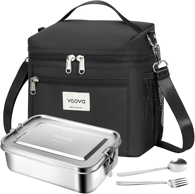 Voova Stainless Steel Lunch Box with Lunch Bag for Women Men Adult, (42oz/1200ml) Leakproof Metal Bento Box with Free Sealing, Insulated Lunch box for Work, Black