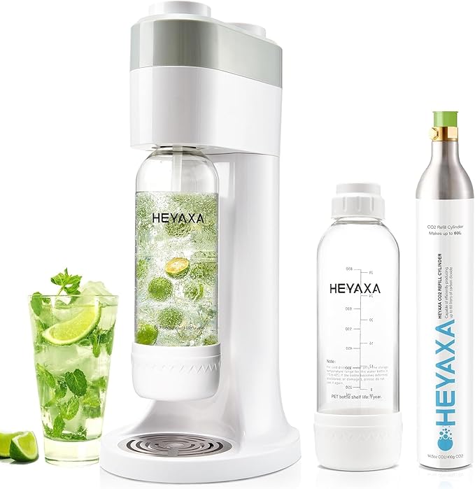 HEYAXA Sparkling Water Maker, Soda Maker Machine for Quickly Creating Refreshing Soda, Includes 2x BPA-Free 1L Carbonation Bottle, Compatible with 60L CO2 Carbonator (Pearl White)