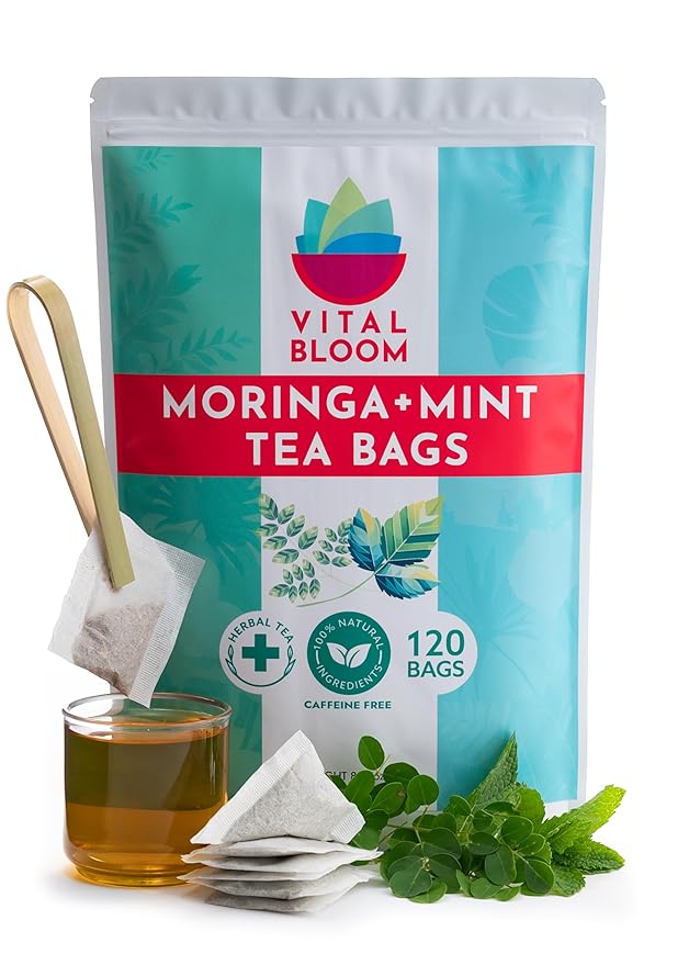 Vital Bloom Moringa Mint Tea, 120 Tea Bags, reduces inflammation, Bleach Free tea bags, Non GMO (Free Bamboo Tongs Included)