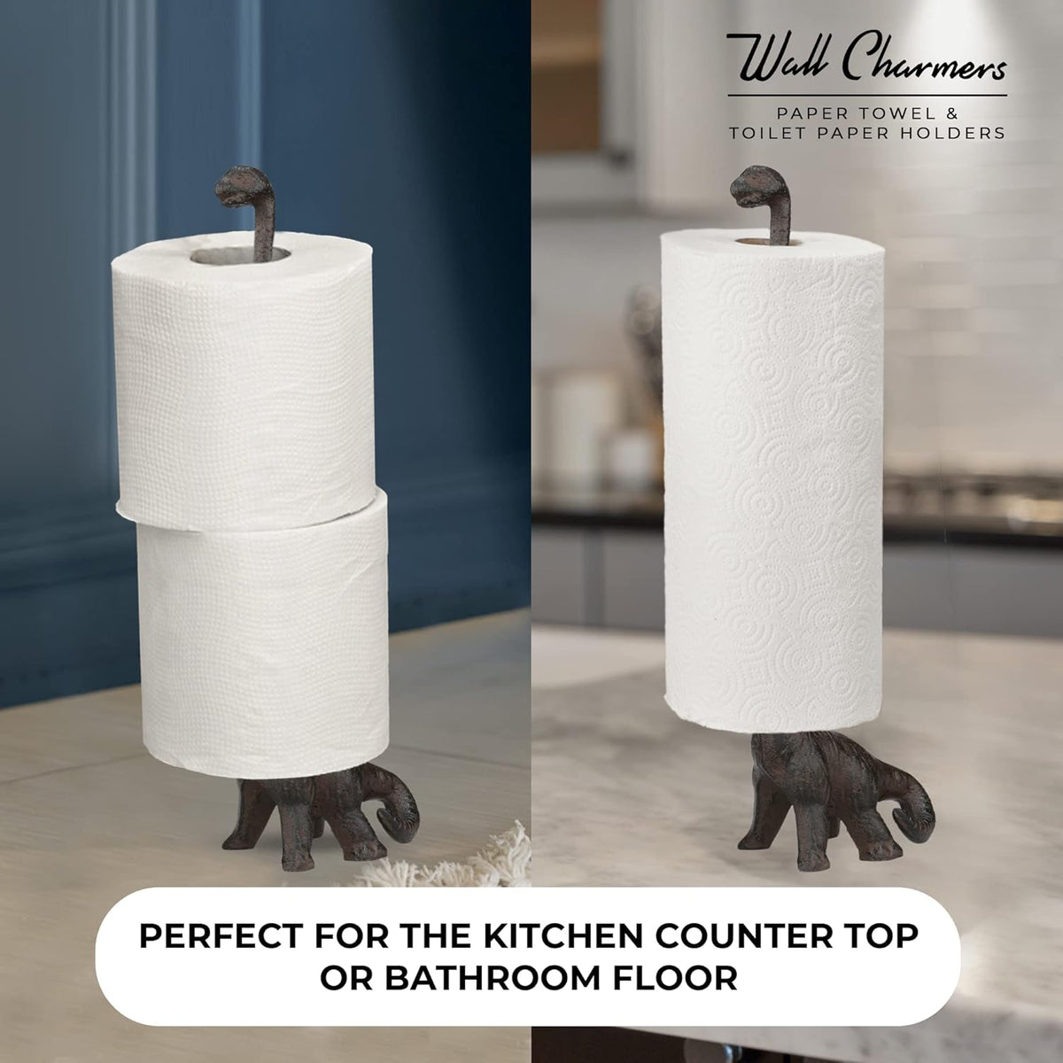 WallCharmers Rustic Paper Towel Holder, Metal Toilet or Kitchen Paper Holder for Floor or Countertop, Rustic Dino