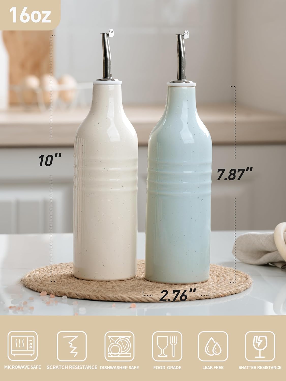 famiware Jupiter 16oz Ceramic Olive Oil Dispenser Bottle, Olive Oil and Vinegar Dispenser Bottle Set of 2 with Stainless Steel Pourers, Suitable for Storage Vinegar, Light Blue & Vanilla White
