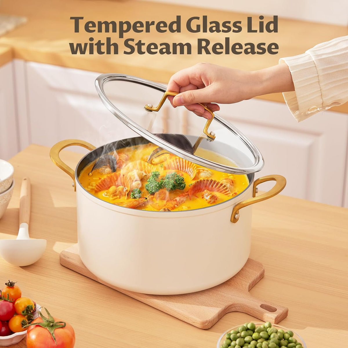 BEZIA 8 Quart Ceramic Stock Pot, Non Toxic Soup Pots with Lid, Non Stick Pot with Stainless Steel Handle, Compatible With Most Cooktops, Even Heat Distribution, Perfect for Soups & Stews, Cream