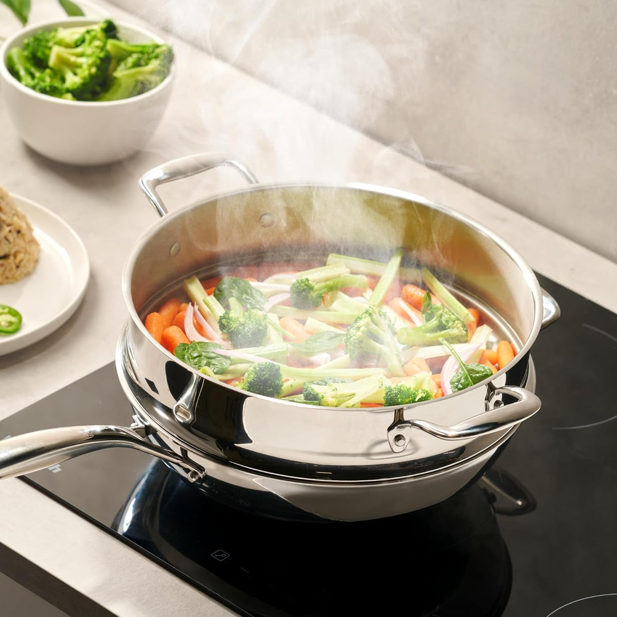 LEGEND COOKWARE Stainless Steel 3 Piece Wok Set | 5 Ply Wok, Induction, Non-Toxic, Oven Safe | Best 18/8 Full Clad | Professional Kitchen Cooking, Heavy Chef Quality | PFOA, PTFE & PFOS Free