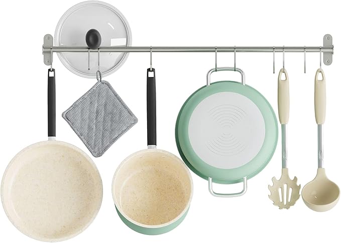 Wallniture Lyon 31.5" Wall Mount Kitchen Utensil Holder With 10 S Hooks For Hanging Pots and Pans Set