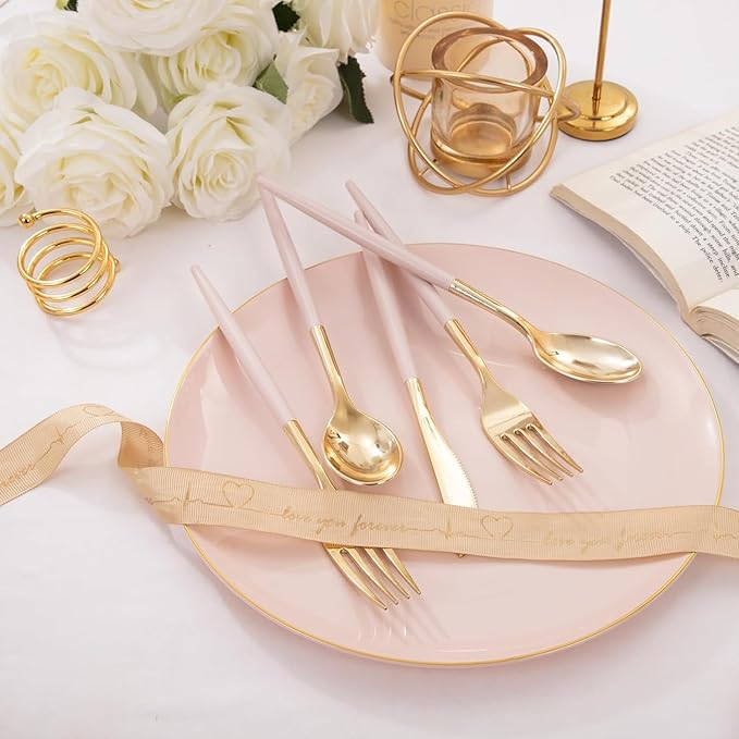 I00000 60 Pack Pink Plastic Silverware,Gold Disposable Flatware with Pink Handle, Gold Plastic Cutlery Set Includes: 20 Forks, 20 Knives and 20 Spoons, Tableware Set for Party and Wedding