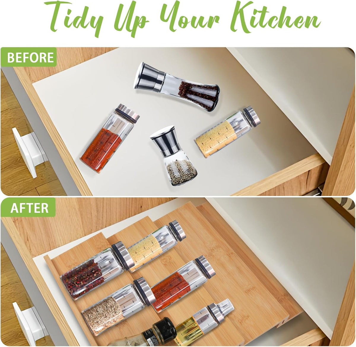 Bamboo Spice Drawer Organizer, 4 Tier Stackable Spice Rack for Cabinet, Seasoning Storage Organization，13'' Wide