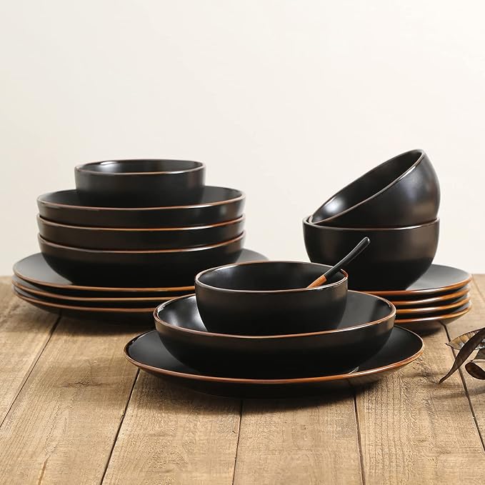 Stone Lain Brasa Modern Stoneware 16 Piece Dinnerware Sets, Plates and bowls Sets, Dish Set for 4, Black