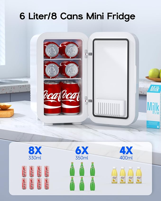 BEICHEN Mini Fridge,6 Liter / 8 Can Small Fridge for Bedroom, Car, Office & Dorm, 110V AC/DC Portable Thermoelectric Cooler & Warmer for Skincare, Food, Drinks, White