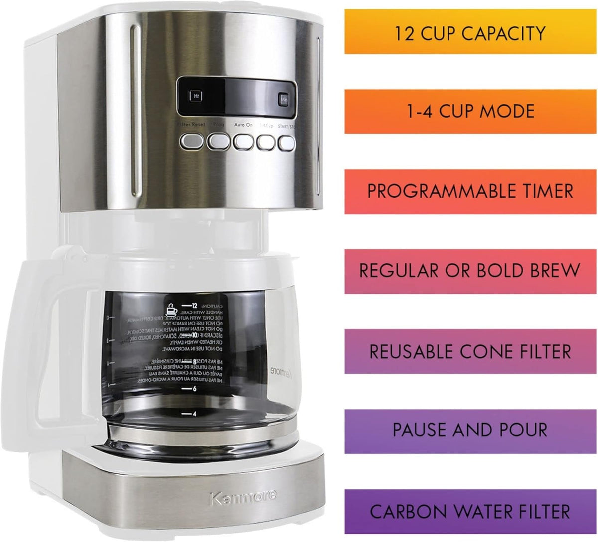 Kenmore drip Coffee Maker - 12 Cup programmable cafe machine with glass pot, regular & bold brew, auto shut off large water reservoir, reusable filter, kitchen appliances for cafeteria barista, White