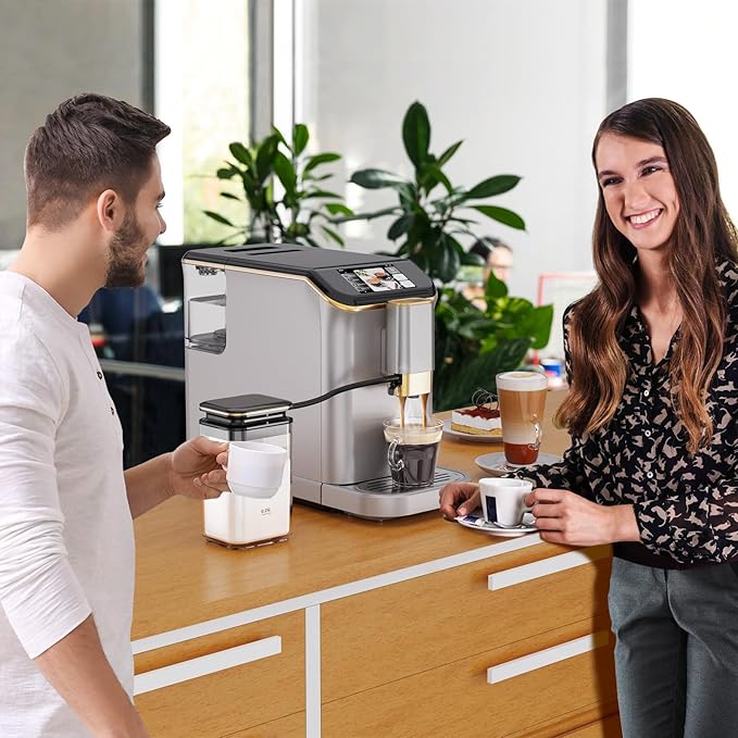 PioneerWorks Full Automatic Espresso Machine with Built-In Grinder & Milk Frother - FTF Touchscreen Coffee Maker for Latte/Cappuccino, 20 Bar Pressur & 1.5L Water Tank, 1350W, Gold