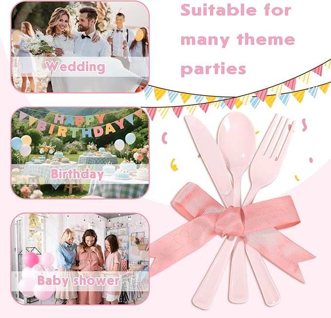 Supernal 300 Pieces Pink Plastic Silverware Heavy Duty Disposable Silverware Pink Utensils Disposable Cutlery Set 100 Forks 100 Knives 100 Spoons for Wedding Party Supplies Everyday Use