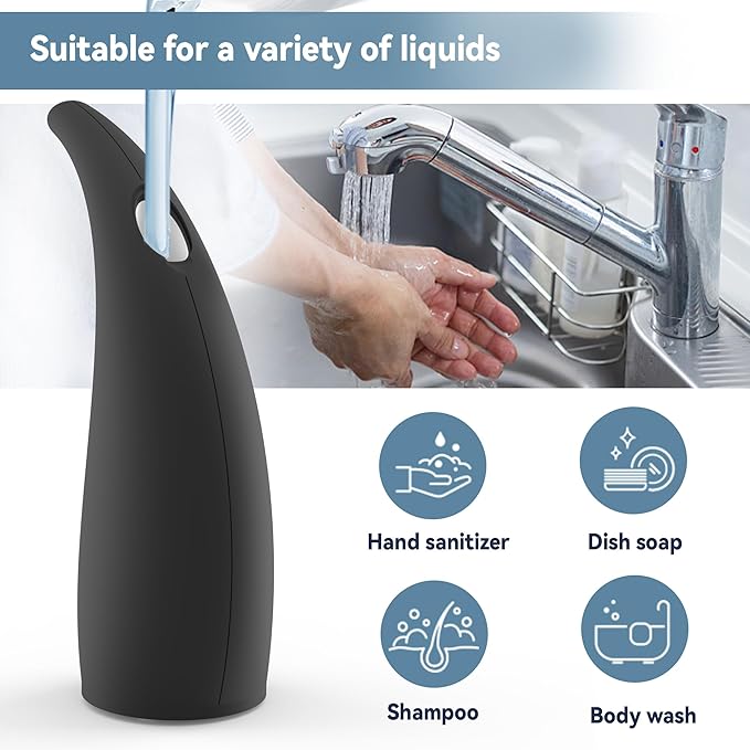 Automatic Soap Dispenser with Infrared Sensor - Adjustable 4-Level Touchless Hand Soap for Kitchen, Bathroom - Battery Operated Electric Dispenser, Durable Plastic, Smart Soap Holder (Black)