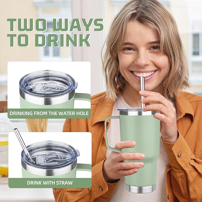 20oz Stainless Steel Insulated Tumbler with Handle, Double Wall Vacuum Insulated Coffee Mug, Leak Proof Travel Mug, Hot & Cold Drink, Green Tea, 1 Pack