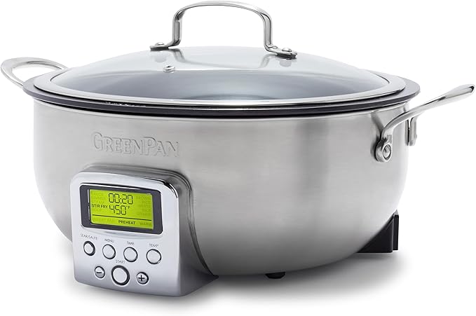 GreenPan Elite 6QT Electric Skillet, Sear Saute Stir-Fry Cook Rice, Healthy Ceramic Nonstick, Dishwasher Safe Parts, Easy-to-use LED Display, PFOA and PFA Free, Smart Pot, Stainless Steel