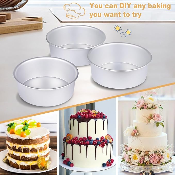 HomeMall 8 x 3 Inch Aluminum Round Cake Pan, 3-Piece Set Cake Baking Pans, Round Layer Cake Baking Pans for Birthday Wedding Home Kitchen DIY Baking Tools, Heavy Sturdy & Healthy, Oven Safe