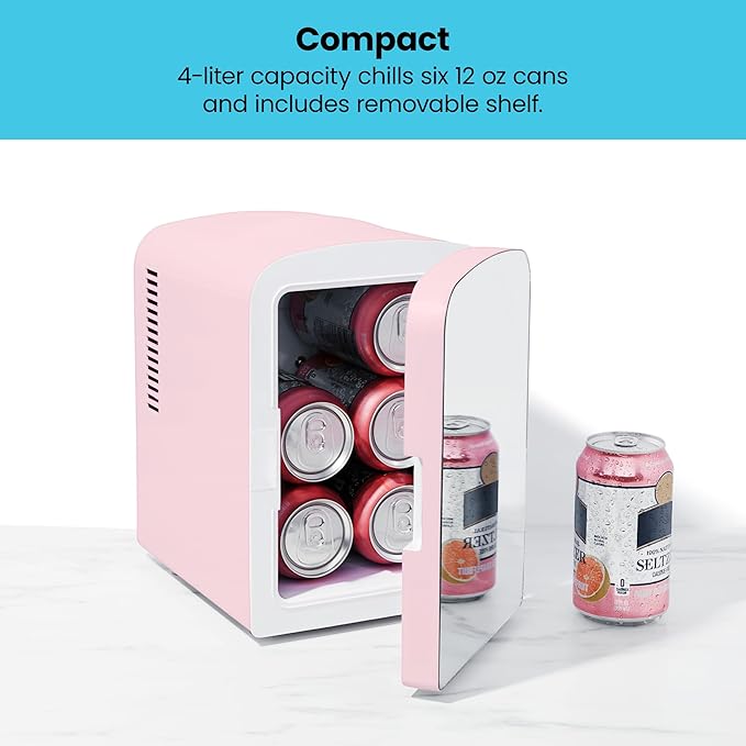 Chefman - Iceman Portable Mirrored Personal Fridge 4L Mini Refrigerator, Skin Care, Makeup Storage, Beauty, Serums & Face Masks, Small For Desktop Or Travel, Cool & Heat, Cosmetic Application, Pink