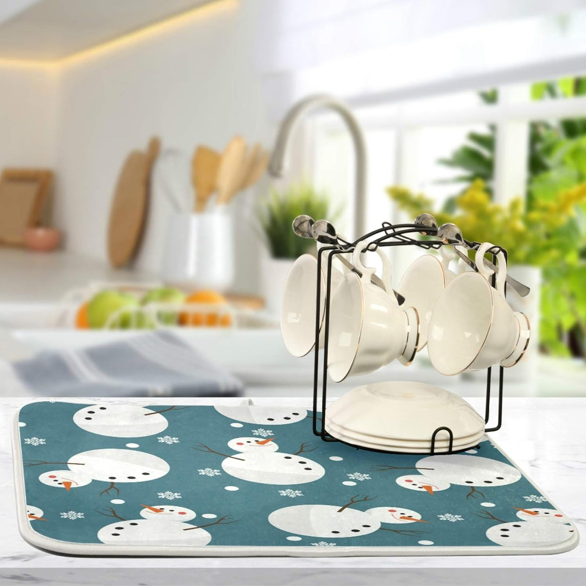 Super Absorbent Dish Drying Mat, Microfiber 23 Fast-Drying Dish Mat, 24" x 18", Kitchen Dish Drying Pad, Snowman Snowflake Cute Christmas Holidays…
