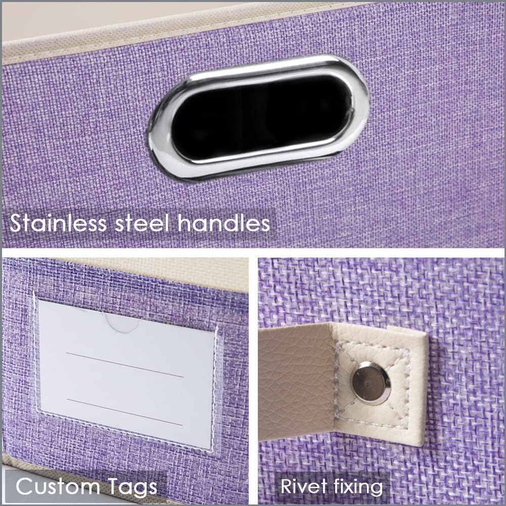 PRANDOM Fodable Storage Bins for Closet [3-Pack] Decorative Fabric Storage Baskets Cubes with Leather/Metal Handles for Shelves Bedroom Living Room Purple&Cream (11.5x8.5x6.7 Inch)