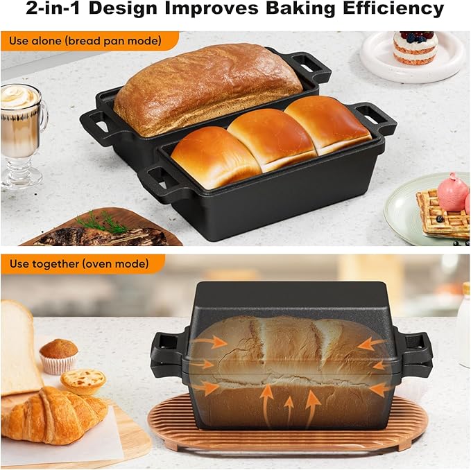 9×5 Inch Cast Iron Loaf Pan with Lid, bread pans for baking, 2 Piece Set | Even Heat Distribution Bread Baking Pan for Homemade Sandwich Bread, Banana Bread, Cakes, Meatloaf