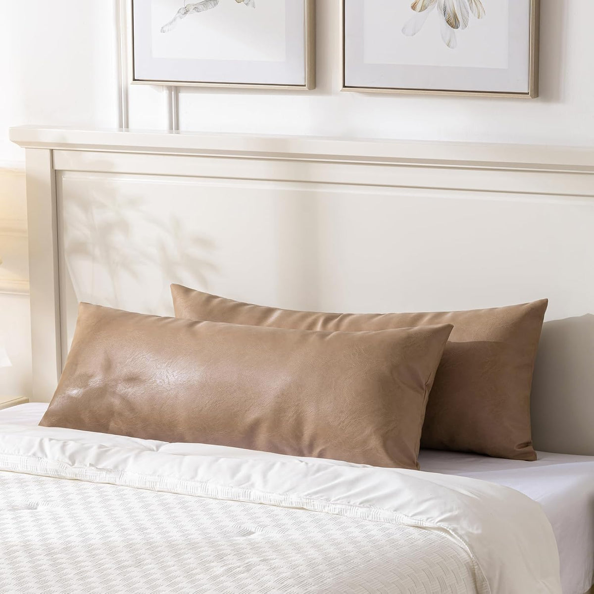 Fancy Homi Tan Long Lumbar Faux Leather Body Decorative Throw Pillow Cover 14x36 Inch for Bedroom Couch Bed Bench, Thick Beige Solid Rectangular Waterproof Cushion Case, Boho Farmhouse Room Decor