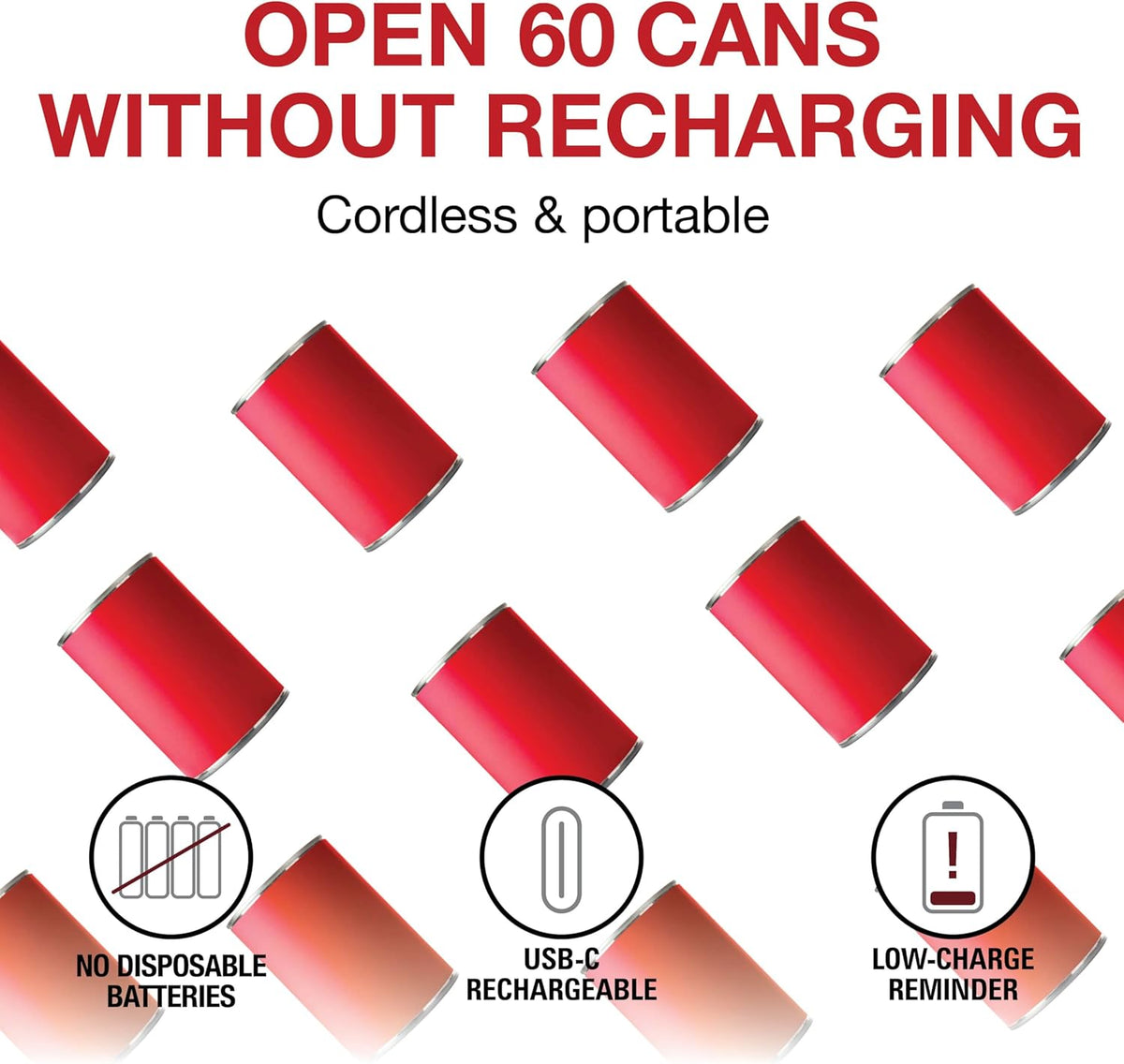 Proctor Silex Automatic Electric Can Opener, Hands Free Cordless Operation & USB Rechargeable, Self-Aligning, Cut Smooth Touch Lid Edges, Compact and Easy to Store, Red