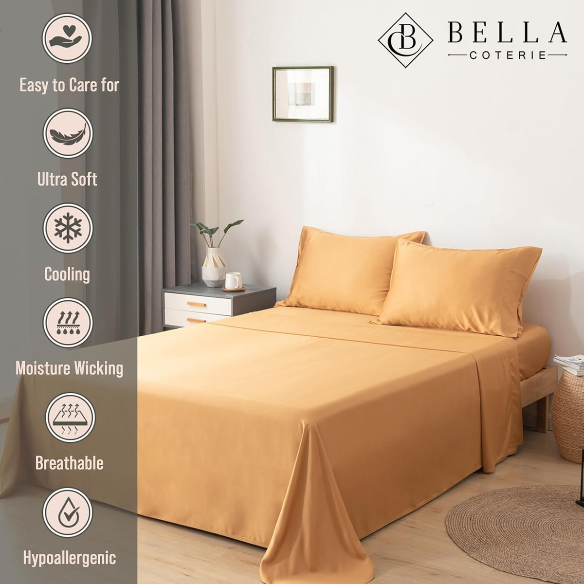 Bella Coterie Luxury Split King Sheet Set | Organically Grown | Ultra Soft | Cooling for Hot Sleepers | 18" Deep Pocket | Viscose Made from Bamboo [Marigold]