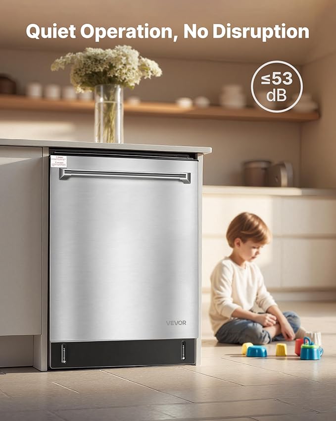 VEVOR 24 Inch Built-In Dishwasher, Stainless Steel Tub, 14 Place Settings and 8 Washing Programs, 23.82 x 25.2 x 33.78 Inch Low-Noise Dishwashing Machine with Upper/Lower Racks and Zoned Storage