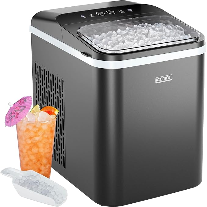 Iceman Compact Pebble Ice Machine, Countertop Nugget Ice Maker Produces Chewable Pellet Ice in 8 Minutes, Makes 26lbs/Day, One-Touch Cleaning Function with Ice Scoop/Basket Included – Black