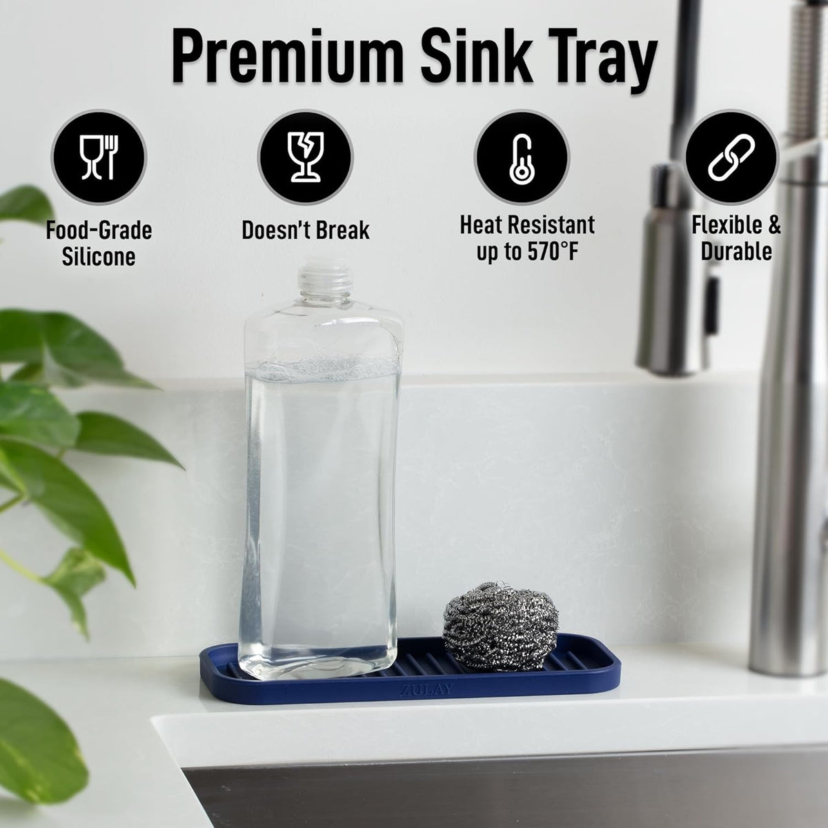 Zulay Kitchen (9x3.5) Silicone Sponge Holder for Kitchen Sink - Flexible Multipurpose Soap Tray - Sink Organizer for Kitchen, Bathroom, Makeup, Trinkets & More (Dark Blue)