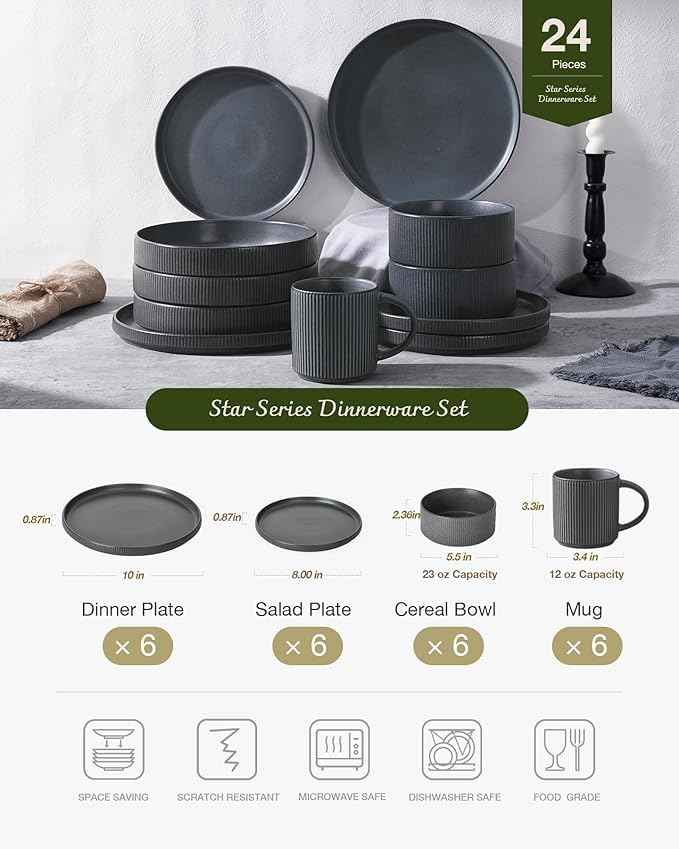 Famiware Star Dinnerware Set with Mugs, Service for 6 (24 Pieces), Ribbed Stoneware Plates and Bowls Dishes Sets - Chip & Scratch Resistant, Microwave & Dishwasher Safe, Matte Dark Charcoal