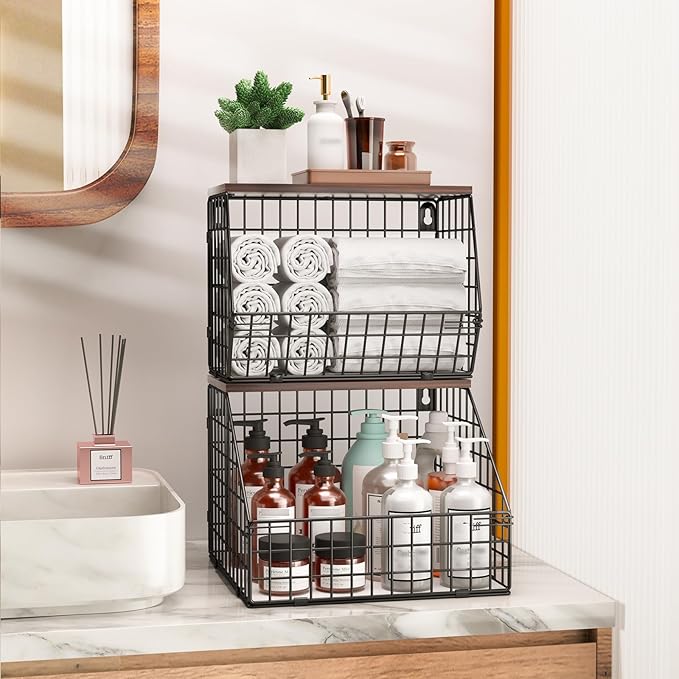 Fruit and Vegetable storage, 2 Set Wall Mounted Wire Baskets, Fruit Basket for Kitchen Counter, Hanging Fruit Basket, Potato Onion Basket, Wire Basket for Organizing, Countertop Organization Pantry