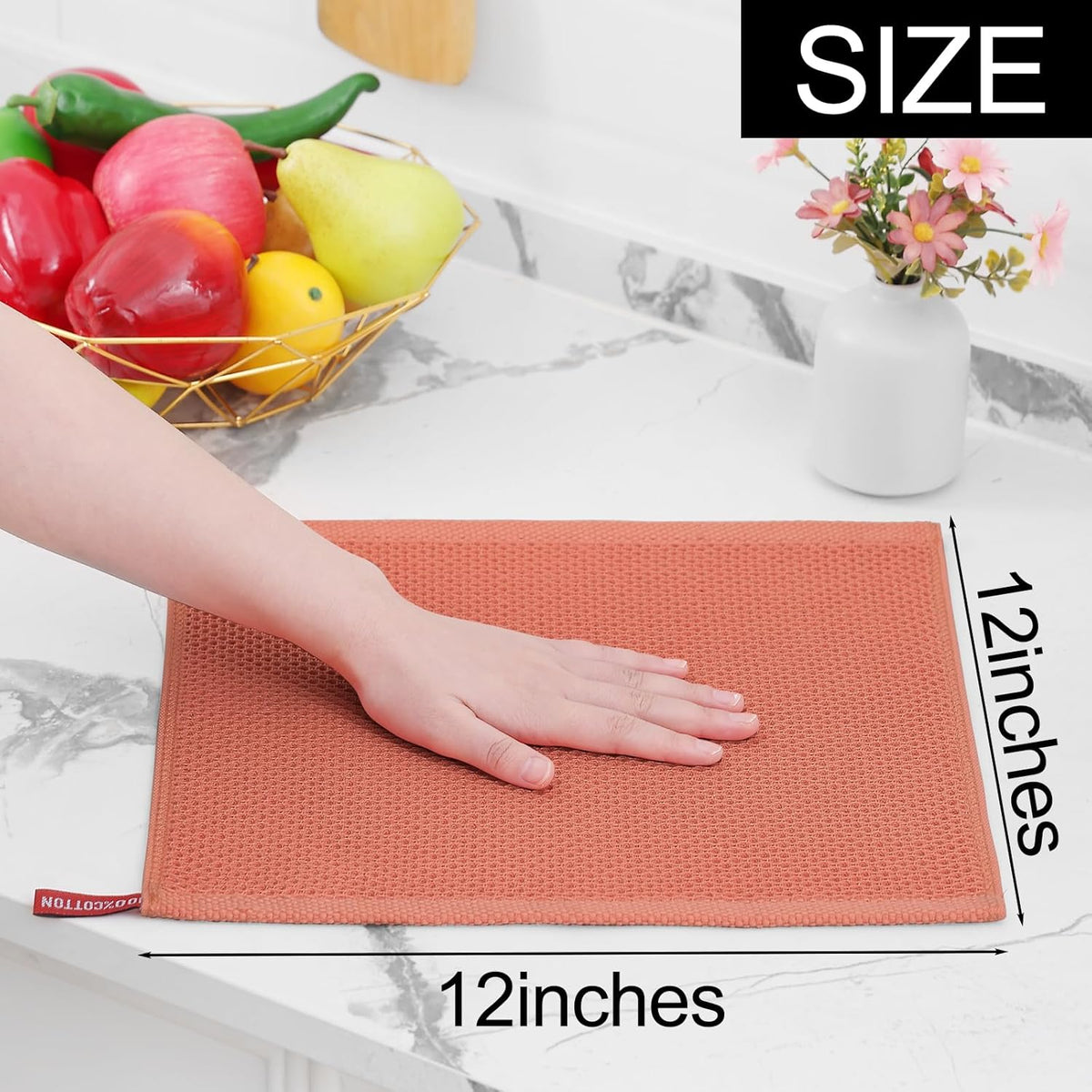 Homaxy 100% Cotton Waffle Weave Kitchen Dish Cloths, Ultra Soft Absorbent Quick Drying Dish Towels, 12 x 12 Inches, 8-Pack, Coral