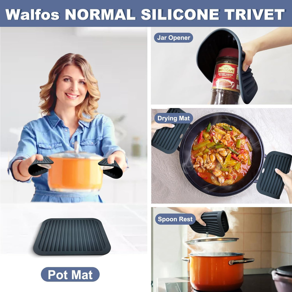 Walfos XXL Silicone Trivet 16 Inch and Trivets Mats 12 Inch, Trivets for Hot Pots and Pans, Heat Resistant Pot Holders Hot Pads for Kitchen Quartz Countertops, Hot Dishes, 6 Pack