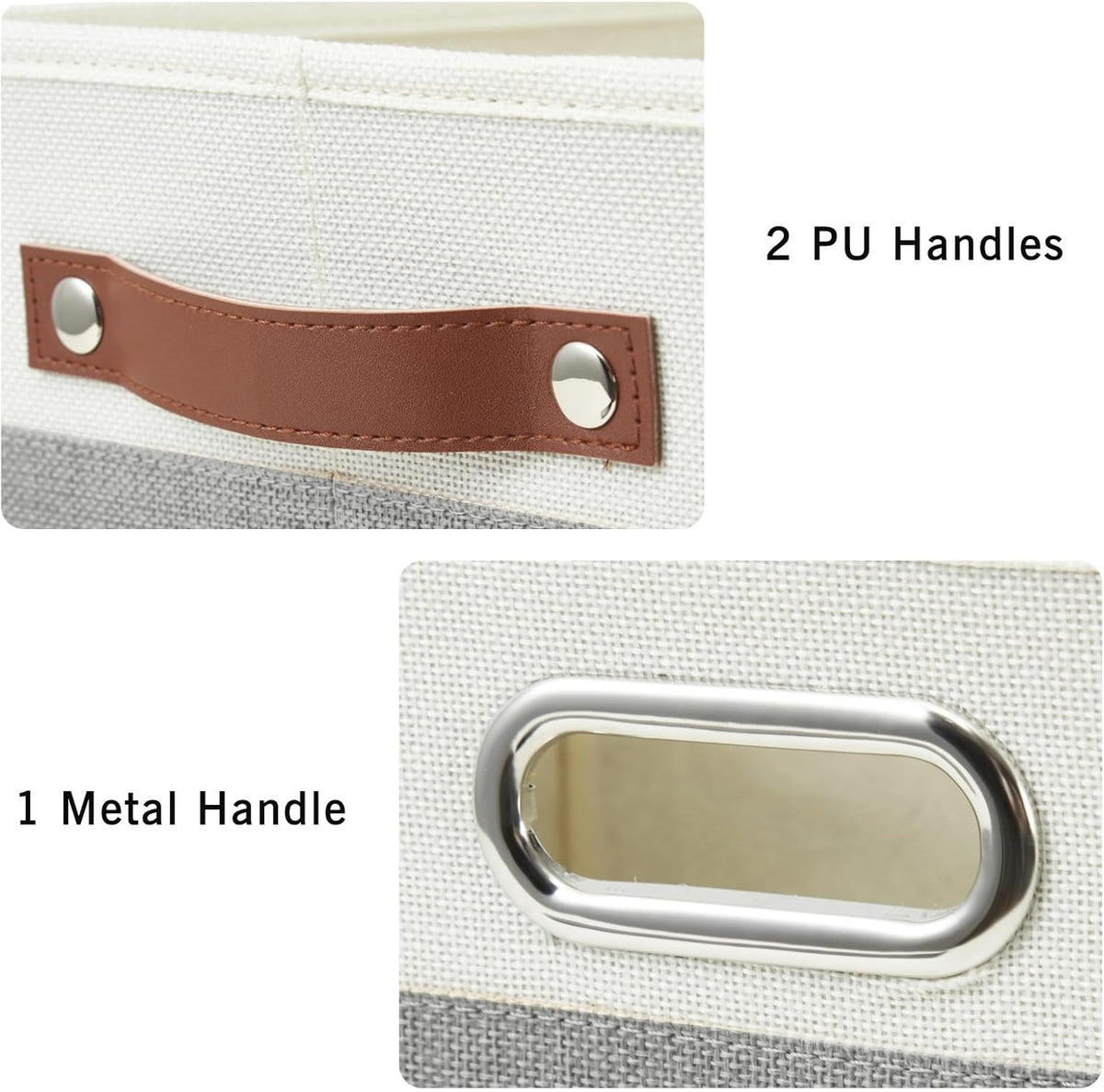 Large Collapsible Fabric Storage Bins with 3 Handles, Foldable Organizer Baskets for Closet, Shelves, Living Room | 3 Pack, Durable PU & Metal Handles (17"x11.8"x11.8", Gray & White)