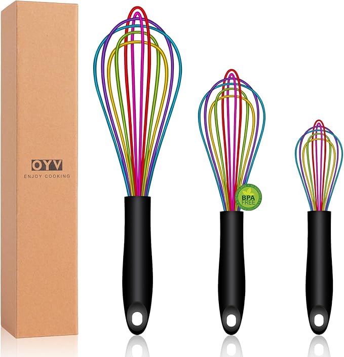 Dishwasher Safe Colorful Silicone Whisk, Sealed Waterproof Design Set of 3, Professional Kitchen Whisks for Cooking Non-Scratch, Silicone & Stainless Steel Whisk, Heat Resistant Balloon Egg Beater