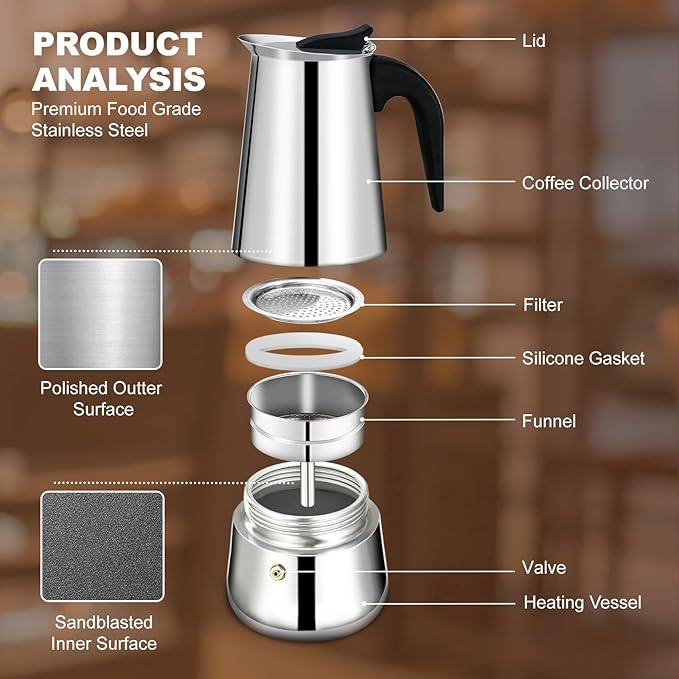 6 Cup Stovetop Espresso Maker Stainless Steel Moka Pot Stove Top Percolator Italian Coffee Makers Capable Mocha Greca Machine Cafe Classic Induction Cookers for Home and Camping 300ml 10oz