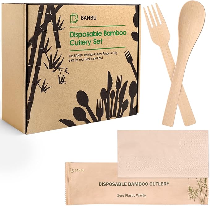 Individually Wrapped Bamboo Cutlery/Utensils With Napkins 66Pack ((6.7" 66 Forks 66 Spoons 66 Napkins) Travel Set Compostable Biodegradable Forks Soup Spoons for Party/Wedding