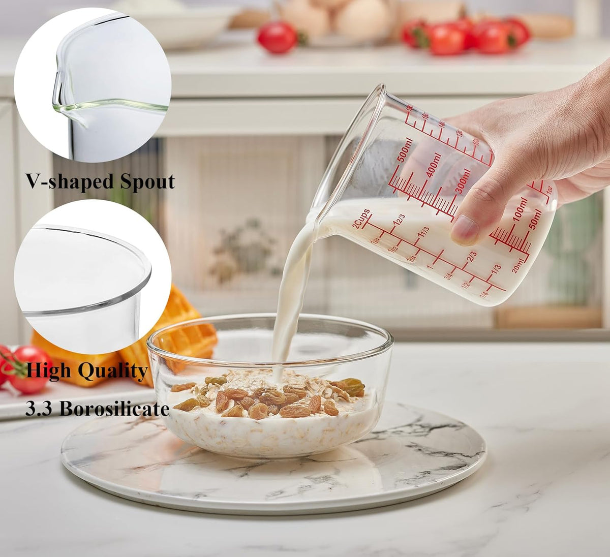 3 Piece Glass Measuring Cup Set, Includes 1/2-Cup, 1-Cup, and 2-Cup High Borosilicate Glasss Liquid Measuring Cups, Dishwasher, Freezer, Microwave, and Preheated Oven Safe, Essential Kitchen Tools