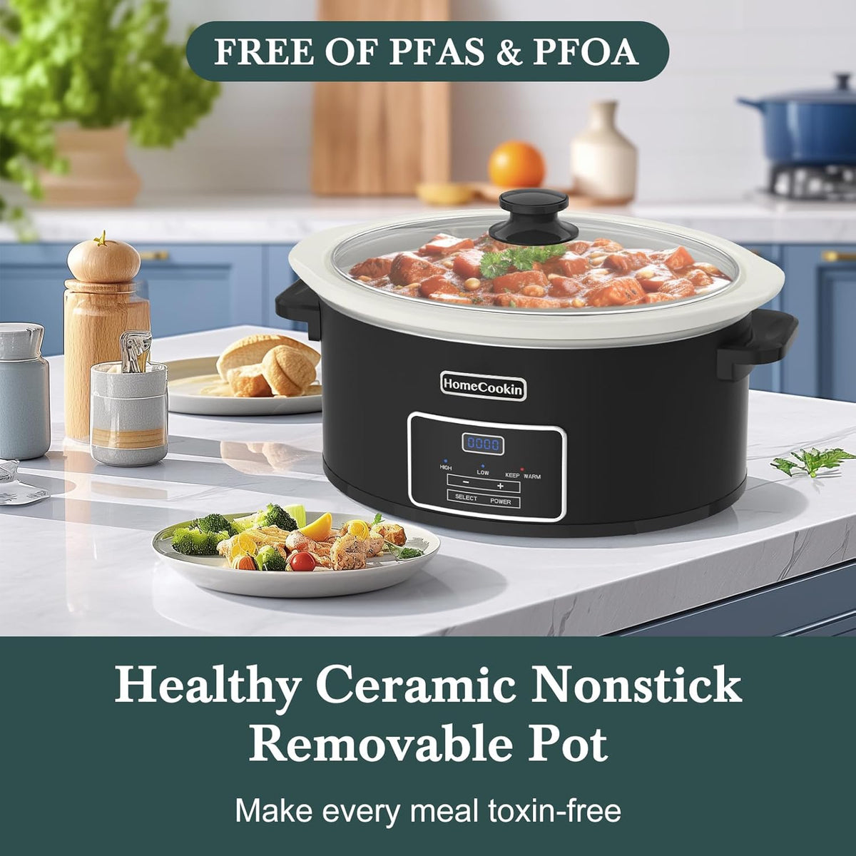 HOMECOOKIN 8-Quart Programmable Slow Cooker with Timer Keep Warm - Small Kitchen Appliance for Family Dinners - Serves 6+ People (Black)