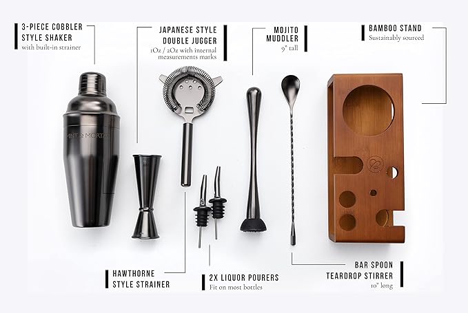 Mint & Mortar Cocktail Shaker Set, 7-Piece Bartender Kit with Stand, 24oz Martini Shaker Bottle Stainless Steel Bar Tools, Home Bar Accessories Drink Mixer, Barware Gift Set - Gunmetal
